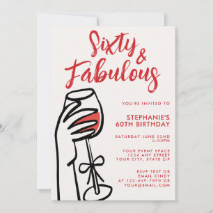 Sixty & Fabulous Hand Drawn Red Wine 60th Birthday Invitation