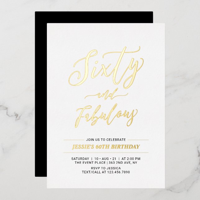 Sixty & Fabulous | Modern Gold 60th Birthday Party Foil Invitation (Front/Back)