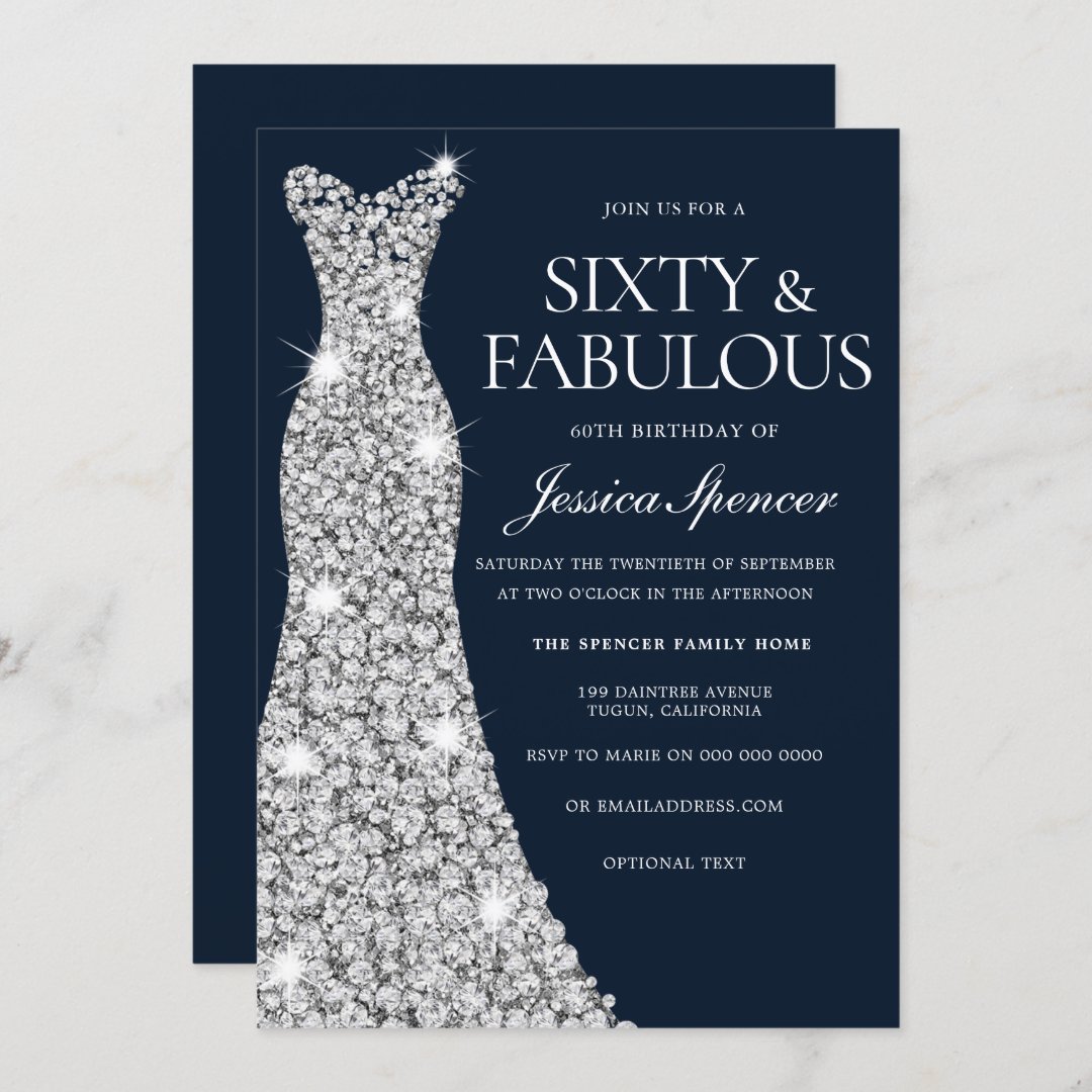 Sixty & Fabulous Silver Diamond Gown 60th Birthday Invitation | Zazzle