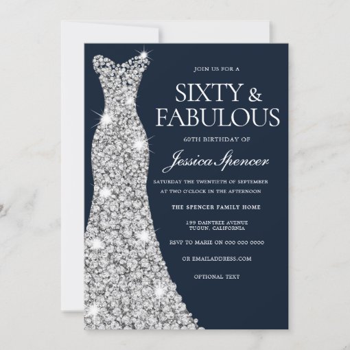 Sixty & Fabulous Silver Diamond Gown 60th Birthday Invitation | Zazzle