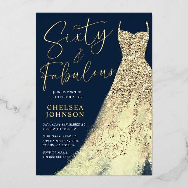 Sixty & Fabulous! Sparkle Gold Dress 60th Birthday Foil Invitation (Front)