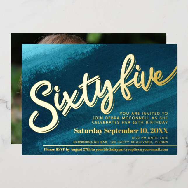 Sixty five 65th Birthday aqua teal gold photo Foil Invitation (Front/Back)