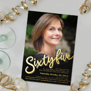 Sixty five 65th Birthday custom photo black gold Foil Invitation