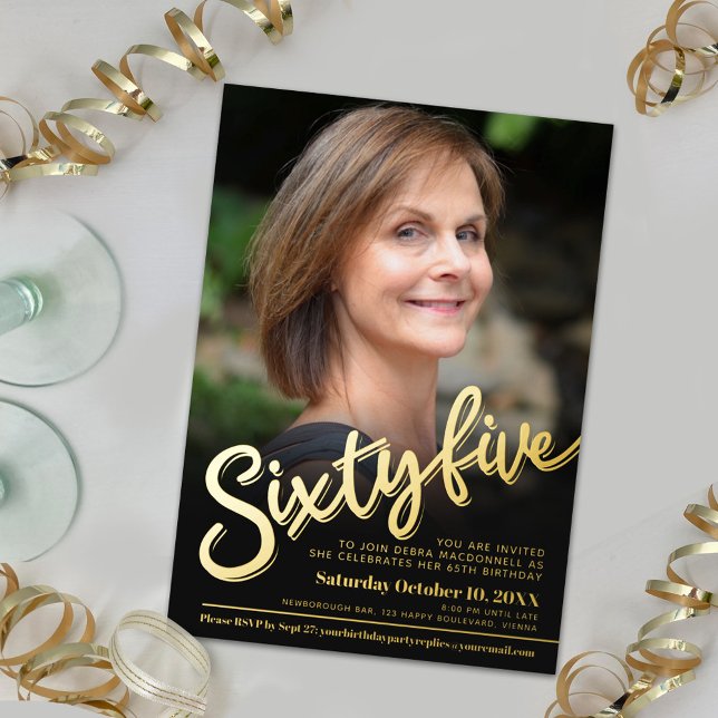 Sixty five 65th Birthday custom photo black gold Foil Invitation (Creator Uploaded)