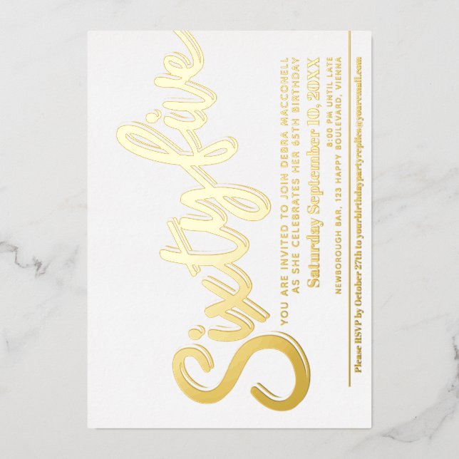Sixty five 65th Birthday party white gold script Foil Invitation (Front)