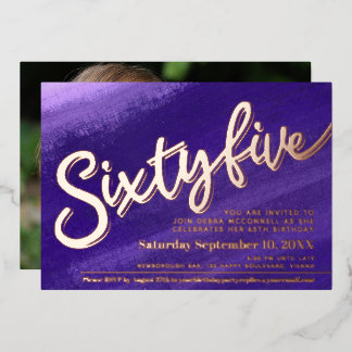 Sixty five 65th Birthday purple rose gold photo Foil Invitation