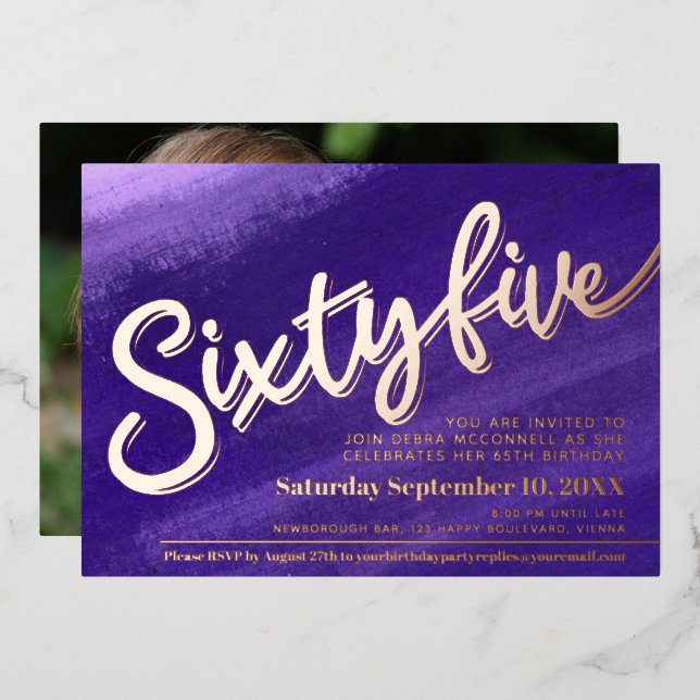 Sixty five 65th Birthday purple rose gold photo Foil Invitation (Front/Back)