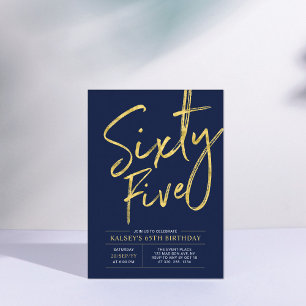 Sixty Five Gold & Navy Blue 65th Birthday Party Invitation