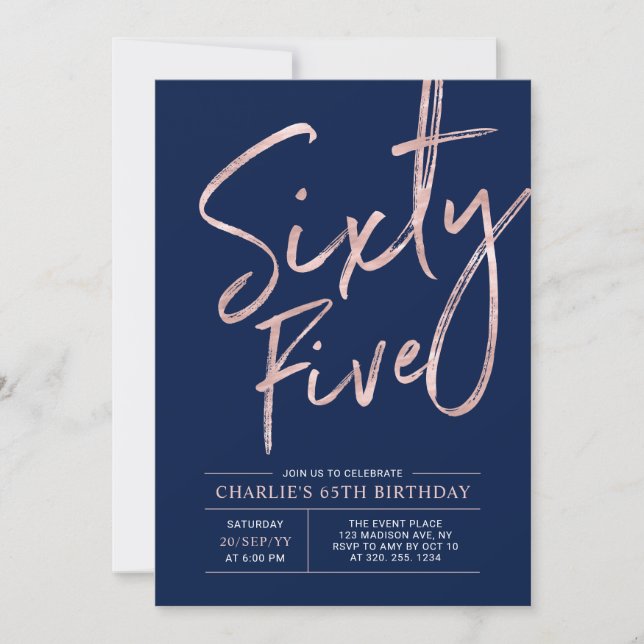 Sixty Five | Rose Gold & Navy 65th Birthday Invitation (Front)