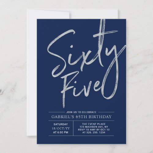 Sixty Five  Silver Navy Blue 65th Birthday Party Invitation