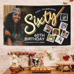 Sixty gold 60th Birthday photos on black Banner<br><div class="desc">Sixty gold script text one large photo and 7 instant snap style photos party banner. Personalize this 60th birthday party banner with your own birthday girls name and 8 photos. Other years and matching items are available and can be created by request. © Original design by Sarah Trett for www.mylittleeden.com...</div>