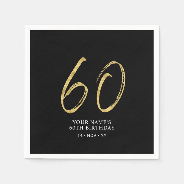 Sixty | Gold & Black Lettering 60th Birthday Napkins (Front)