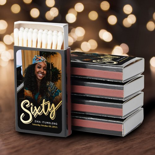 Sixty gold colored script photo birthday favor matchboxes