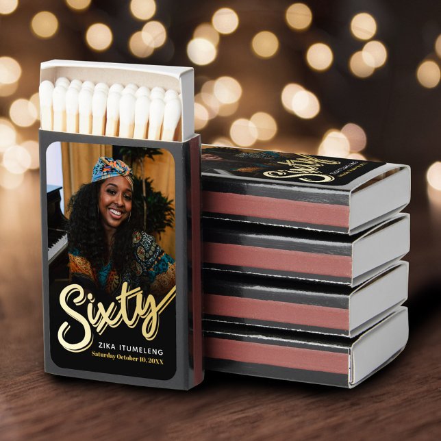 Sixty gold colored script photo birthday favor matchboxes (Creator Uploaded)