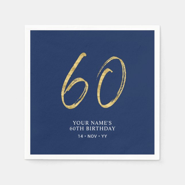 Sixty | Gold & Navy Blue Lettering 60th Birthday Napkins (Front)