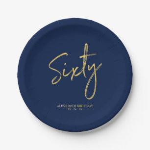 Sixty   Gold & Navy Blue Lettering 60th birthday Paper Plates