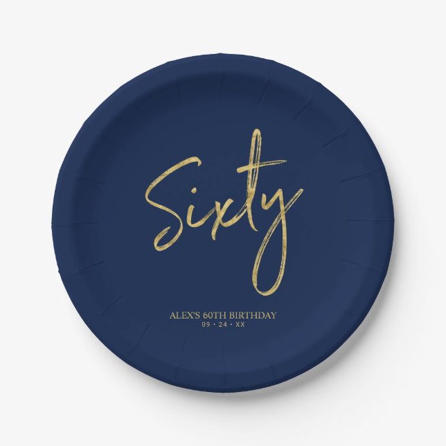 Sixty | Gold & Navy Blue Lettering 60th birthday Paper Plates (Front)