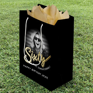 Sixty gold script and custom photo 60th birthday medium gift bag