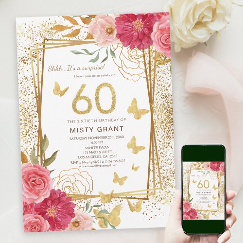 Sixty Milestone  Modern Gold  Pink 60th Birthday Invitation