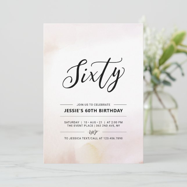 Sixty | Minimal 60th Birthday Party Watercolor Invitation (Standing Front)