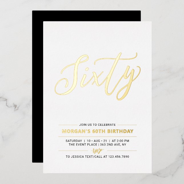 Sixty | Modern Gold 60th Birthday Party Foil Invitation (Front/Back)