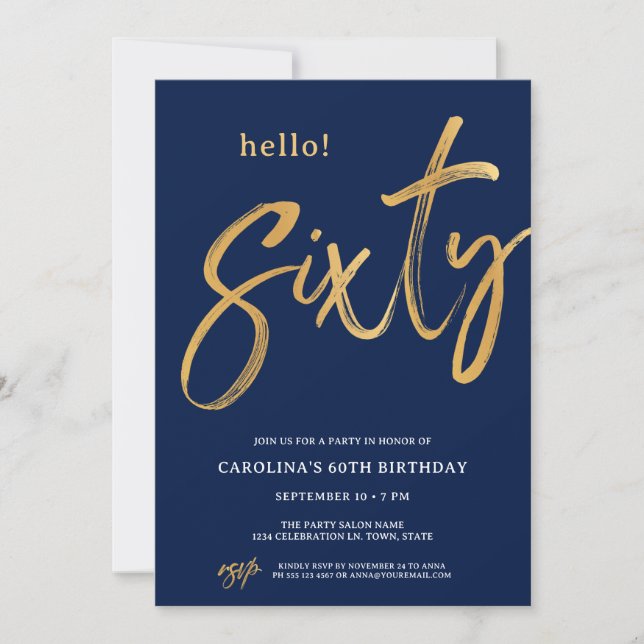 Sixty Modern Gold Blue 60th Birthday Party Invitation (Front)