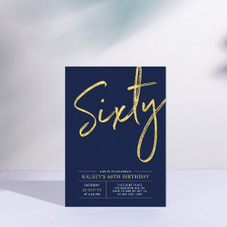 Sixty | Modern Gold & Blue 60th Birthday Party Invitation