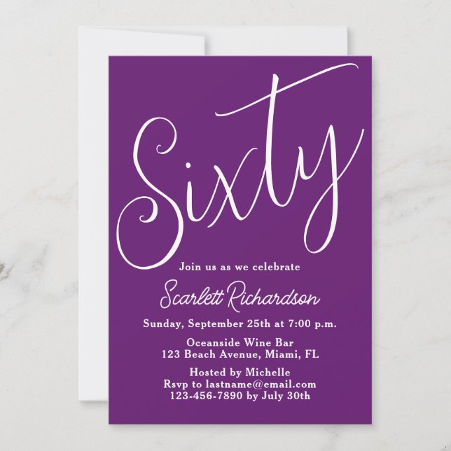 Sixty Modern Script Autumn Purple 60th Birthday Invitation (Front)