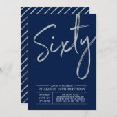 Sixty | Modern Silver Brush 60th Birthday Party Invitation (Front/Back)