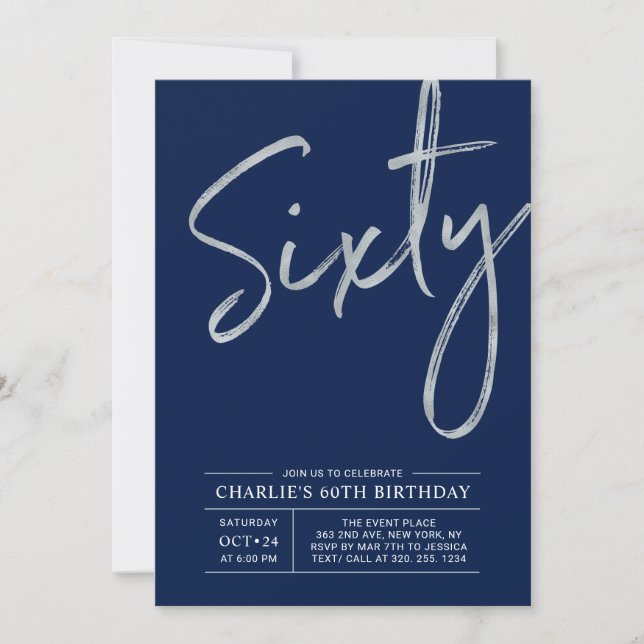 Sixty | Modern Silver Brush 60th Birthday Party Invitation (Front)