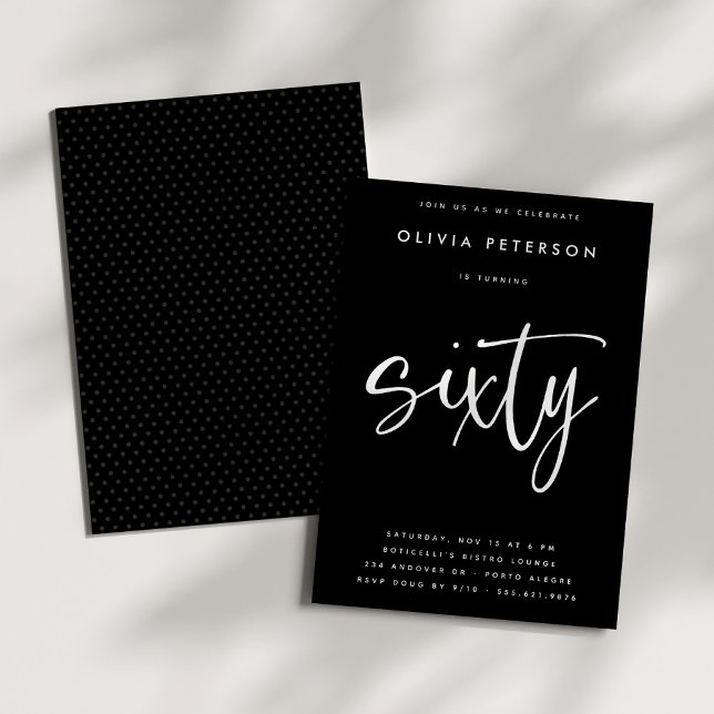 Sixty | Modern White on Black 60th Birthday Party Invitation (Creator Uploaded)