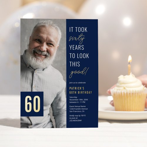 Sixty Photo Blue  Gold 60th Birthday Party Real Foil Invitation