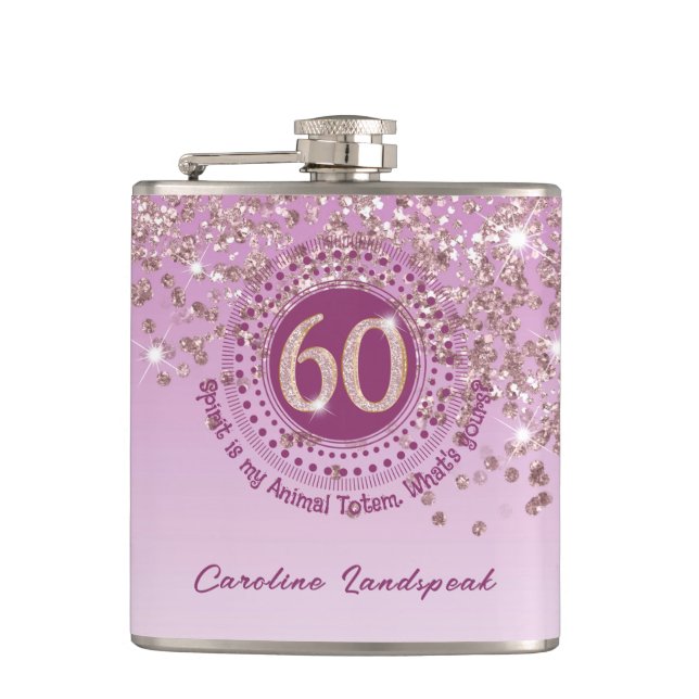 Sixty & Rose Gold Glitter & Drinking Quote Flask (Front)