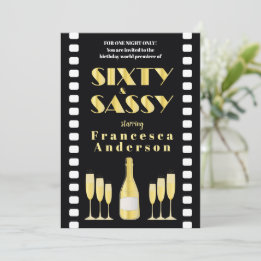 Sixty & Sassy Black Gold Champagne 20s Movie Style Invitation