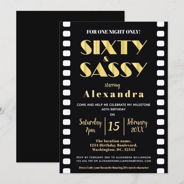 Sixty & Sassy Gold Black Roaring 20s Movie Style Invitation (Front/Back)