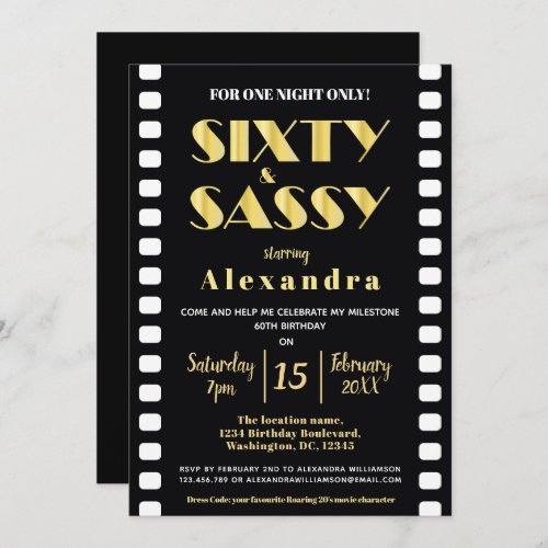 Sixty  Sassy Gold Black Roaring 20s Movie Style Invitation