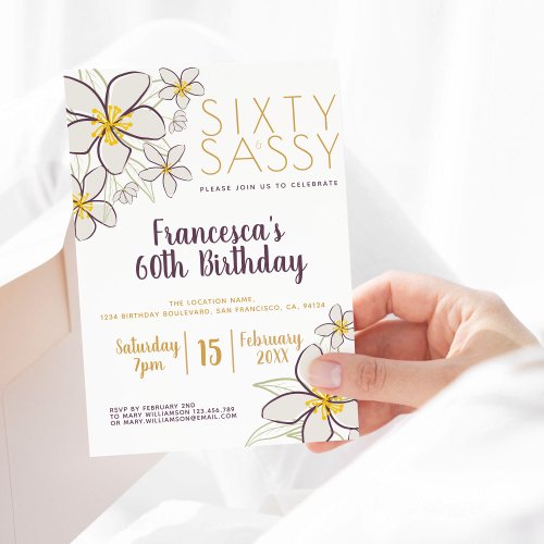 Sixty  Sassy White Gold Modern Jasmine Floral Invitation