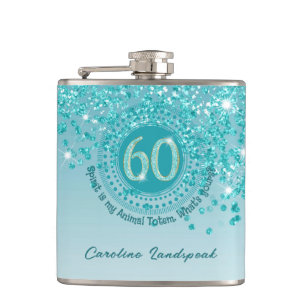 Sixty & Teal Blue Glitter & Drinking Quote Flask