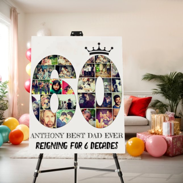 Sixty Years of Memories in a Collage Foam Board (Photo number collage 60 poster sign in a room decorated with colorful birthday party balloons )