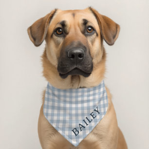 Size Large Simple Dusty Blue Gingham Name Pet Bandana Collar