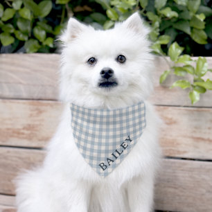 Size Sm or Med Simple Dusty Blue Gingham Name Pet Bandana Collar