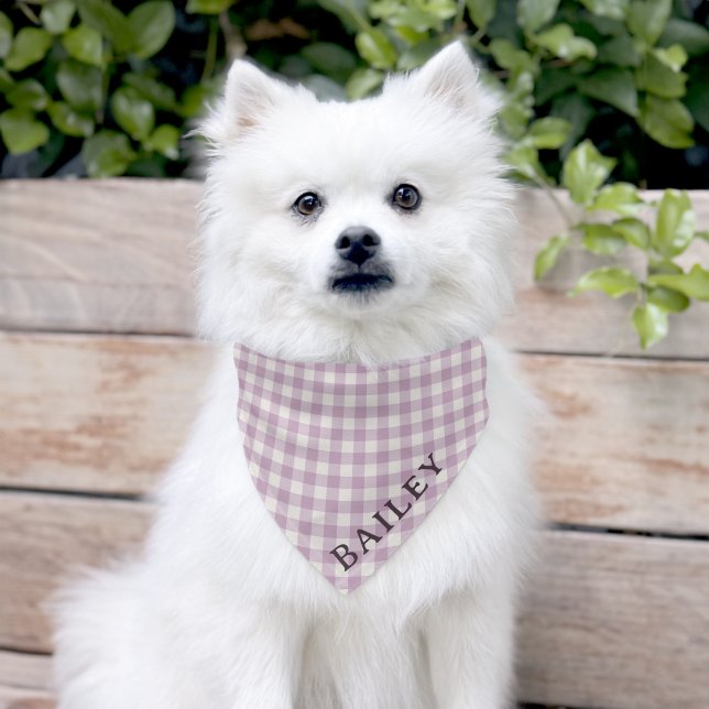 Size Sm or Med Simple Lavender Gingham Name Pet Bandana Collar (Dog)