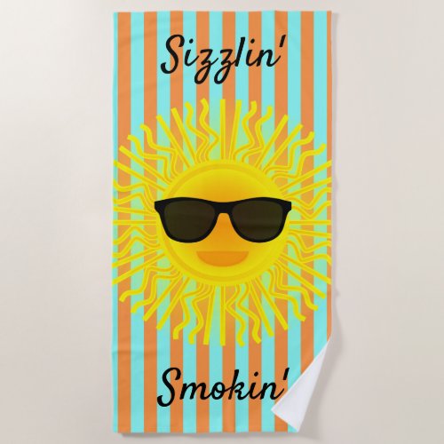 Sizzlin Smokin Sun w Sunglasses and Stripes Beach Towel