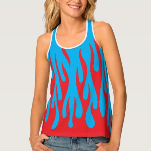 Sizzling Desi Red Flame on a Navy Blue chic blonde Tank Top