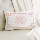 SJO Light Pink Greek Key Script Monogram Lumbar Pillow<br><div class="desc">PLEASE CONTACT ME BEFORE ORDERING WITH YOUR MONOGRAM INITIALS IN THIS ORDER: FIRST, LAST, MIDDLE. I will customize your monogram and email you the link to order. Please do not purchase until I have sent you the link with your customized monogram. Cute girly preppy modern throw pillow with a geometric...</div>