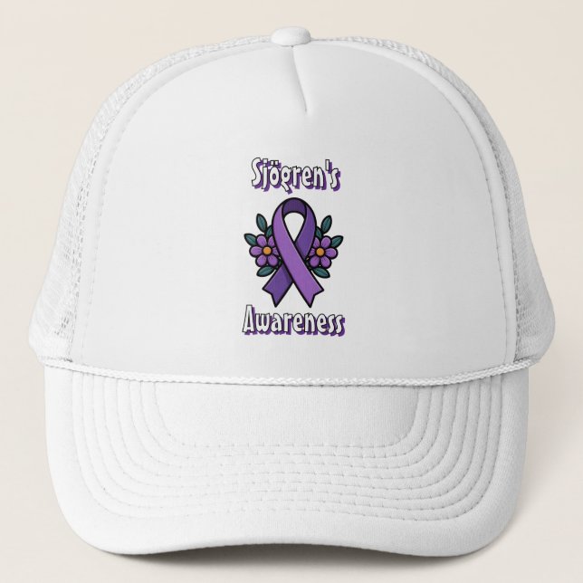 Sjögren's Awareness | Purple Ribbon with flowers Trucker Hat (Front)