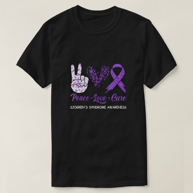 Sjogren's Syndrome Awareness Peace Love Cure Leopa T-Shirt (Design Front)