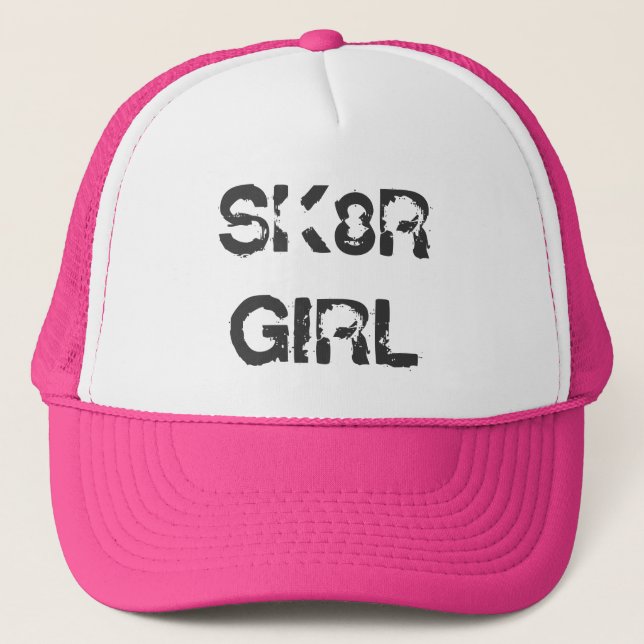 SK8R GIRL Skater Skateboard Pink Trucker Hat (Front)