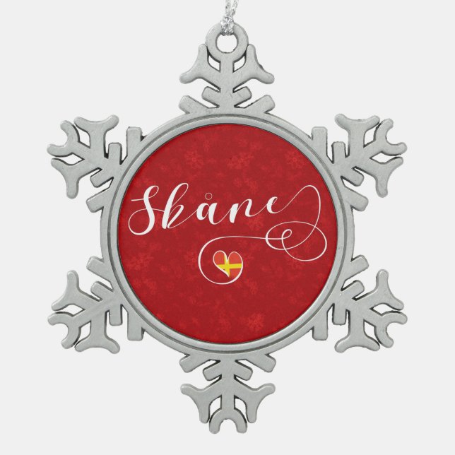 Skåne Flag Heart, Sweden, Scania Snowflake Pewter Christmas Ornament (Front)