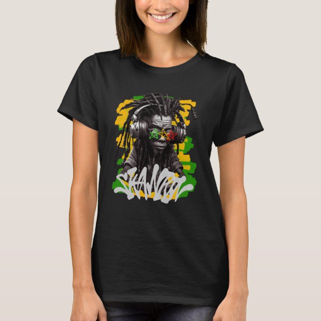 Skanking Rastaman with Headphones Graffiti Style R T-Shirt (Front)